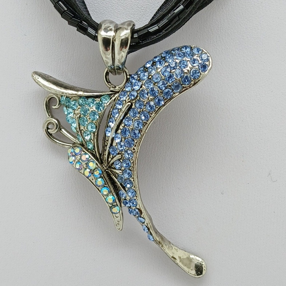 Blue Rhinestone Butterfly Pendant Multi Strand Black Ribbon Necklace Chocker NOS